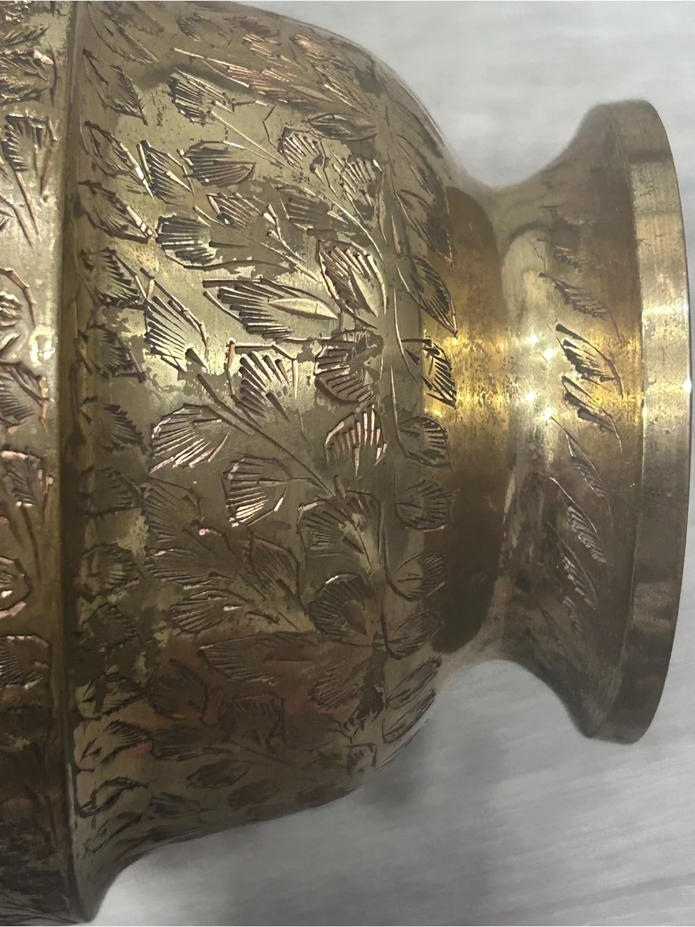 Indian Brass Pedestal Bowl Hand Etched Floral Design Traditional India Decor VTG